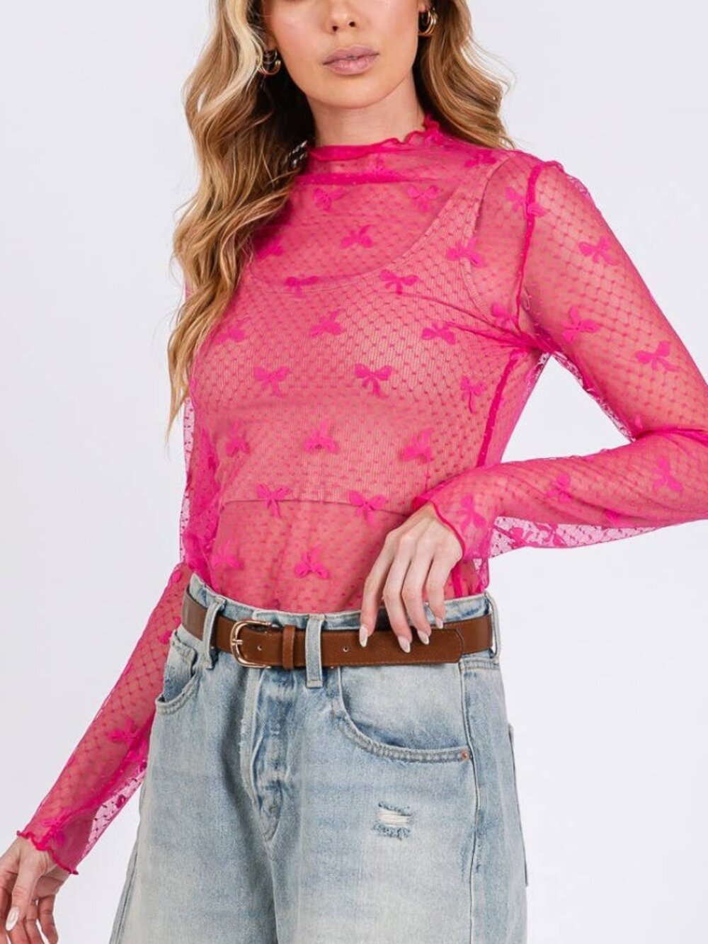 NWT Serra Red Mesh Bow Design Top Medium M Mock Neck Sheer Long Sleeve Aldi Find